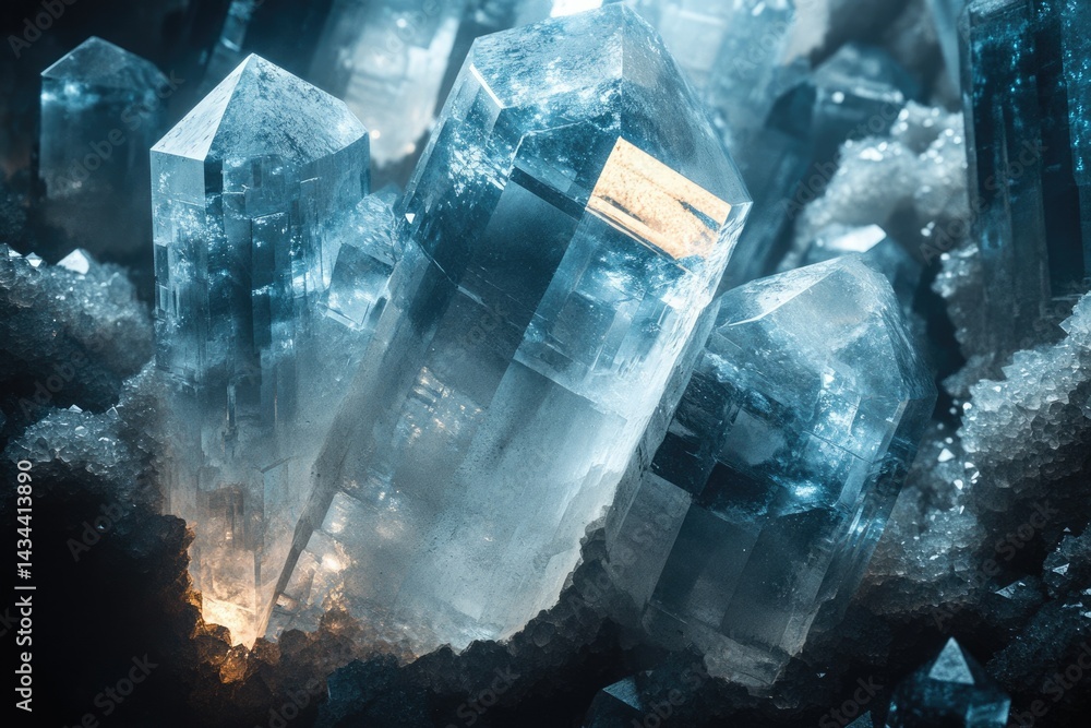 Poster Close-up view of stunning, large, translucent blue quartz crystals clustered together in a dark matrix.