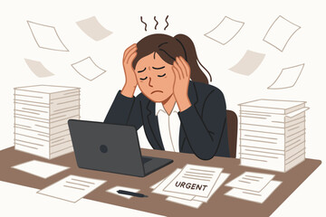 Overwhelmed businesswoman feeling stressed and exhausted by heavy workload and urgent deadlines, sitting at messy office desk with laptop and stacks of paperwork. Burnout concept vector.