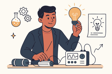 Innovative entrepreneur developing a bright idea, holding a lightbulb over an experimental setup. Concept for creativity, startup success, invention, and technological problem-solving.