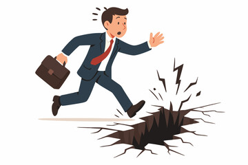 Unaware businessman running towards a dangerous pitfall, vector illustration symbolizing business crisis, financial risk, unforeseen problems, impending failure, or hidden trap.