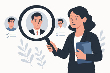 HR professional examining job applicant profiles with magnifying glass. Talent search, recruitment agency, headhunting, employee selection vector illustration for business hiring needs.