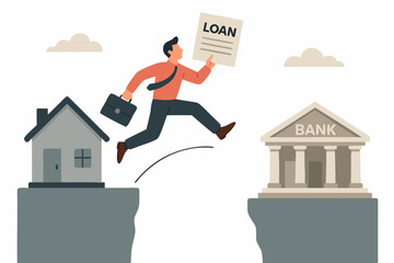 Financial leap concept vector illustration. Man with briefcase jumps from house to bank holding approved loan agreement for mortgage, refinancing, or property investment.