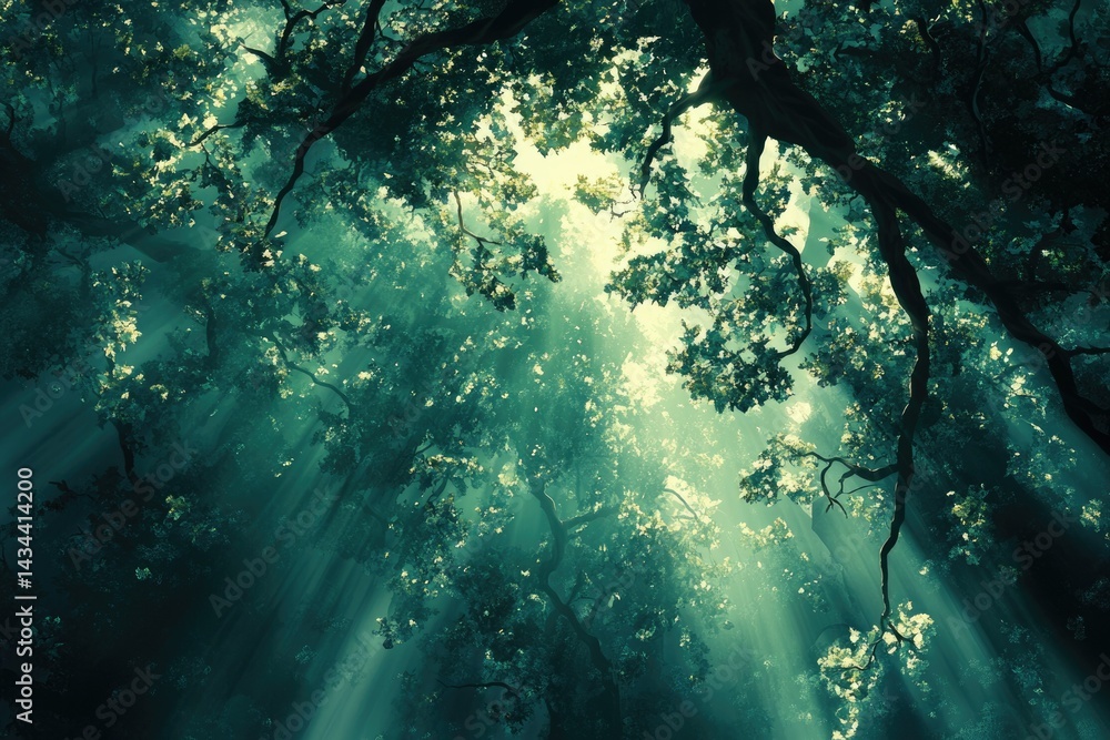 Poster sunbeams pierce a dense, mystical forest canopy, creating an ethereal and serene atmosphere.