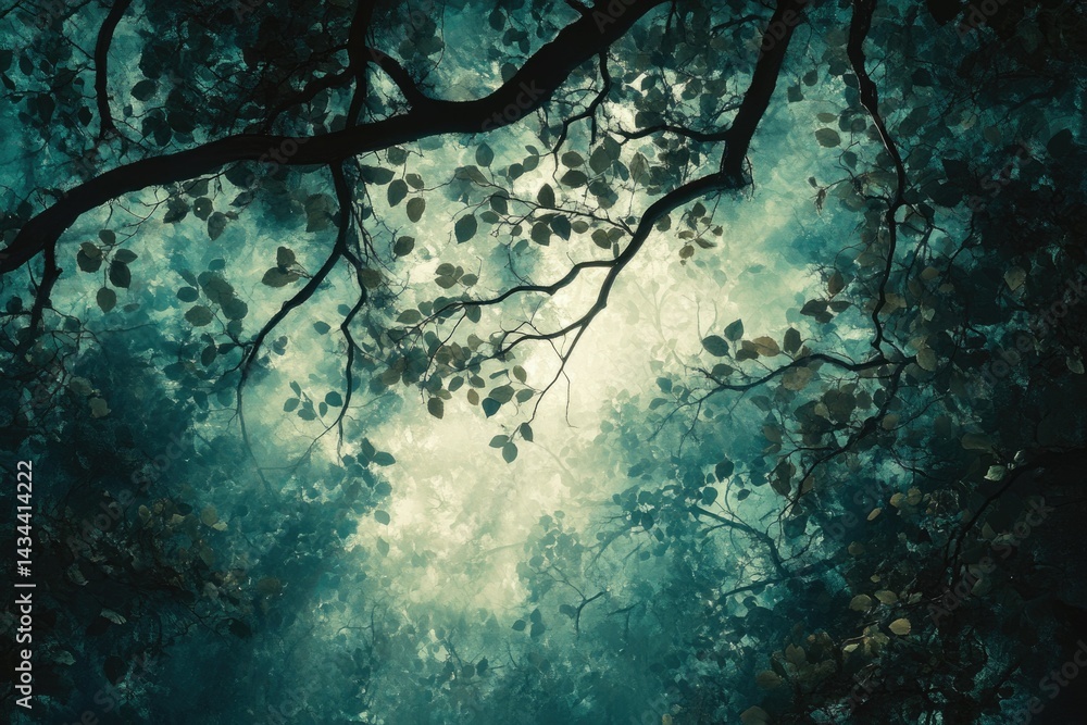 Poster enchanted forest scene, ethereal light filtering through leaves and branches, creating a mystical at