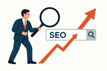 Businessman using magnifying glass analyzing SEO search bar for website optimization and ranking growth. Flat vector illustration concept for digital marketing success and strategy.