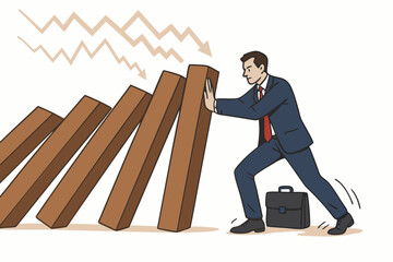Determined businessman preventing domino effect collapse during economic downturn. Vector art illustrating financial crisis management, recession challenge, business resilience, and stopping failure.