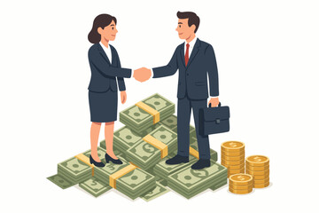 Successful business deal vector concept. Businessman and businesswoman finalize partnership with a handshake standing atop stacks of money symbolizing wealth, profit, and financial agreement.
