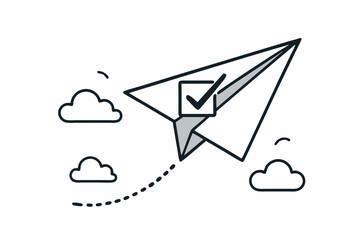 Checkmark on Paper Airplane: Vector Icon for Goal Achievement, Success, Task Completion, Verification, and Approved Projects. Minimal Line Art with Flight Path & Clouds.