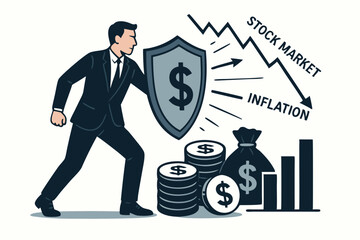 Financial Protection Concept: Businessman with Dollar Shield Guarding Assets, Money, and Investments from Economic Downturn, Stock Market Crash, and Inflation Risks. Vector Art.