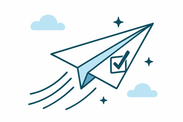 Goal-driven paper airplane vector illustration with checkmark soaring through clouds. Symbolizing success, task completion, achieved objectives, validation, and business project progress.
