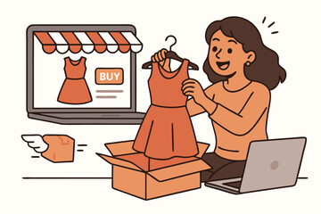 Delighted woman unboxes a stylish dress from an online store purchase, illustrating the joy of e-commerce, fashion retail, fast shipping, and customer satisfaction vector graphic.