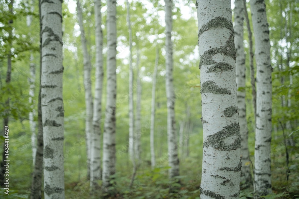 Poster a serene birch forest scene with slender, white-barked trees in a lush green setting.