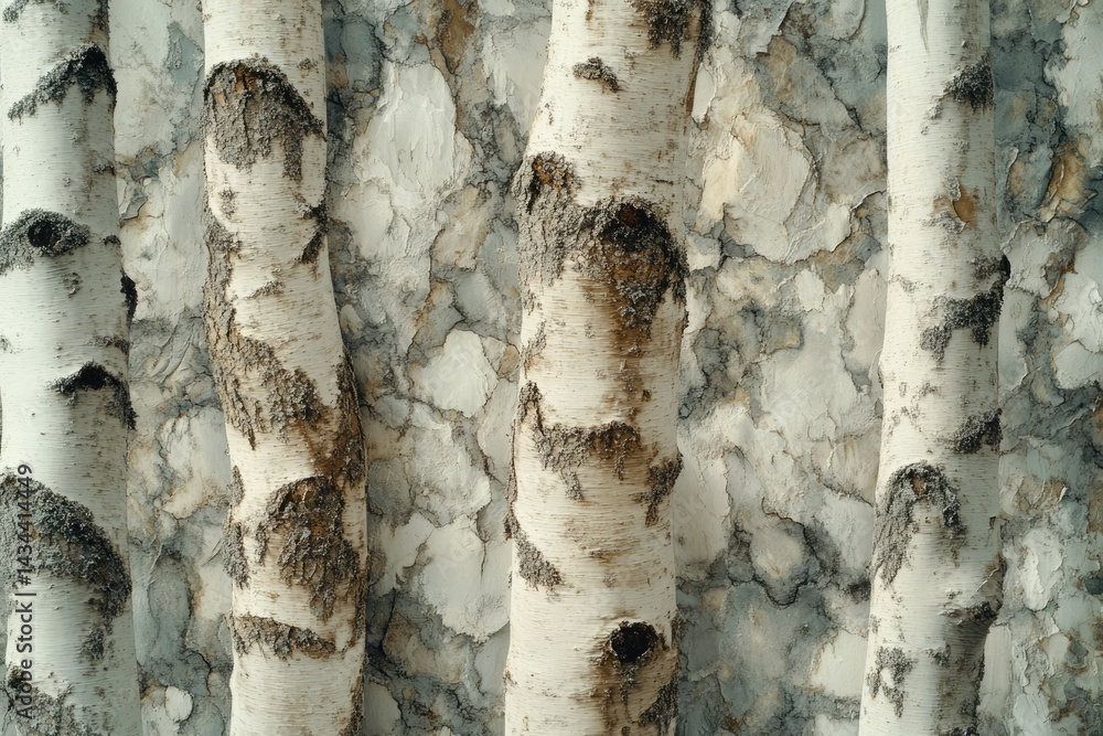 Poster birch tree trunks against a weathered, textured wall, creating a natural, rustic scene.