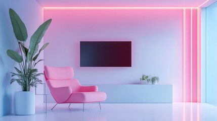Pink armchair in modern living room with neon lights, city view