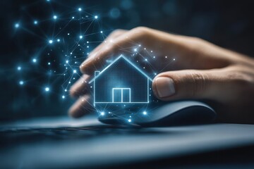 A hand hovers over a computer mouse with a glowing house icon, symbolizing the digital age of real estate