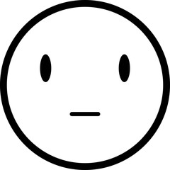 Circular face with a straight mouth and serious look.