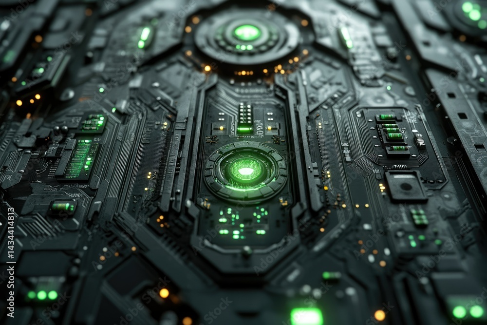 Poster close-up of a futuristic, dark green circuit board with glowing components, showcasing intricate tec