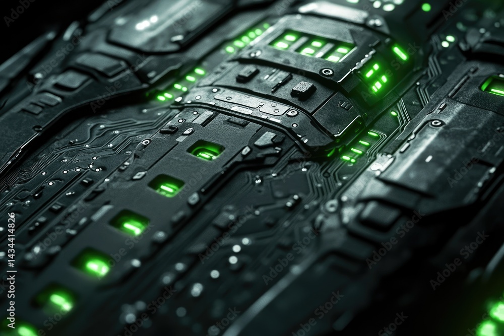 Poster close-up of a futuristic, dark-colored circuit board with glowing green components.