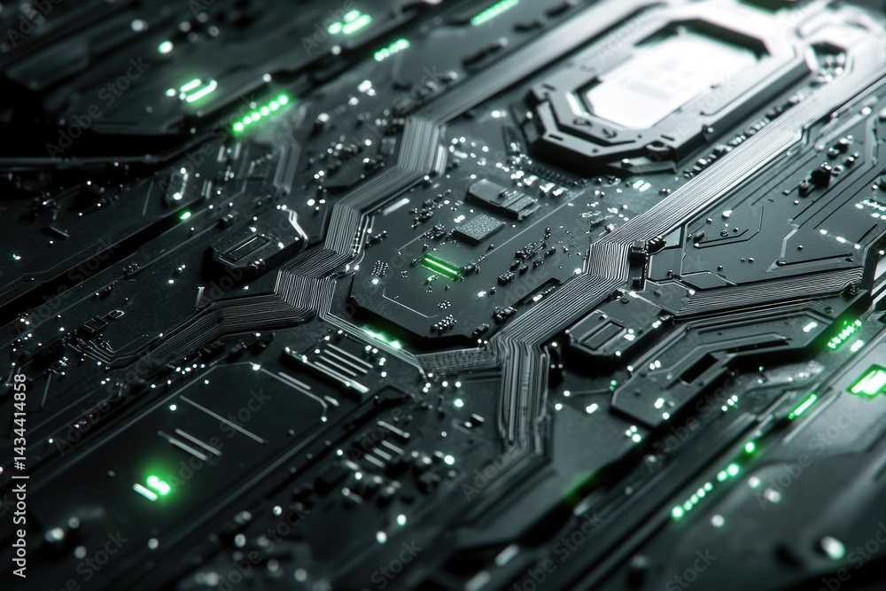 Poster Close-up of a futuristic circuit board with glowing green components, showcasing intricate technological design.
