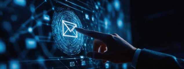 A hand reaches out to touch a digital envelope icon, surrounded by a glowing blue circle