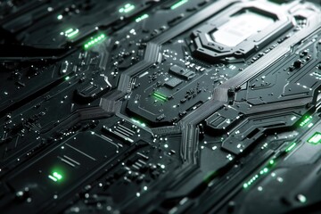 Fototapeta premium Close-up of a futuristic circuit board with glowing green components, showcasing intricate technological design.