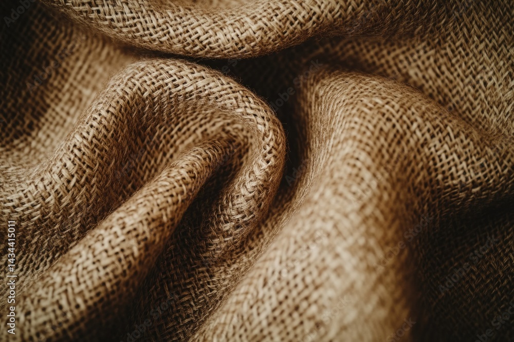 Aufkleber close-up of textured burlap fabric, showing its intricate weave and natural color.