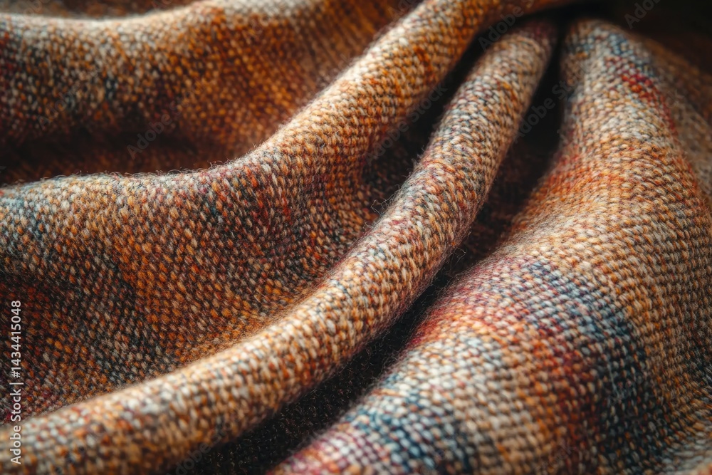 Poster close-up of a textured woolen fabric in autumnal colors, showcasing its intricate weave and soft dra