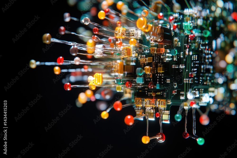 Poster a vibrant circuit board with colorful wires and components, showcasing technological innovation.