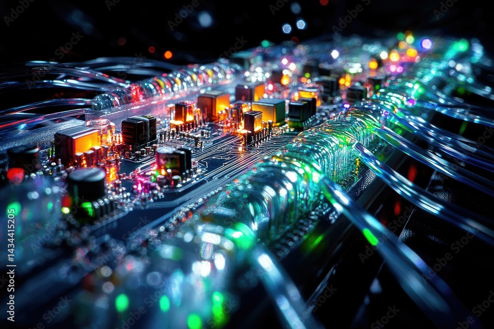 Poster illuminated circuit board with fiber optic cables, showcasing intricate electronics and data transfe