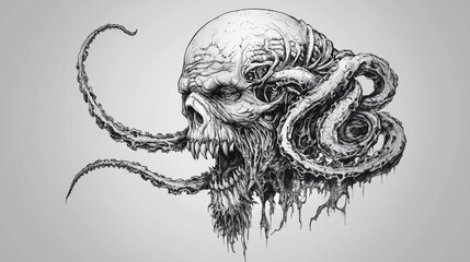 Dark fantasy artwork featuring a skull entwined with octopus tentacles in intricate detail and monochromatic tones