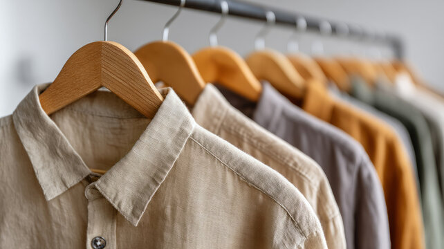 Neutral linen shirts hanging on wooden hangers in a minimalist style. - Powered by Adobe