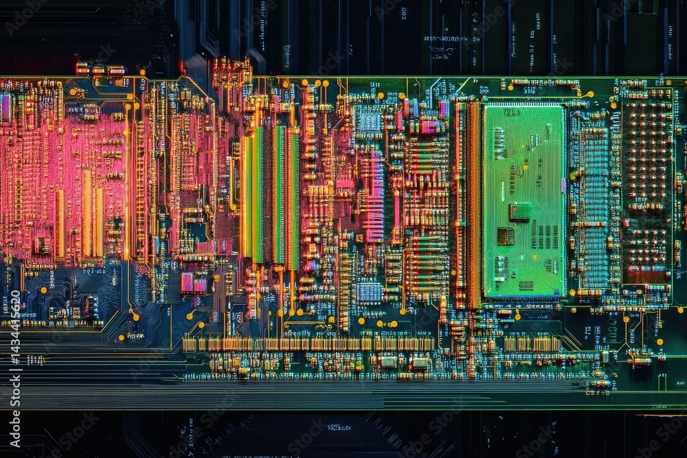 Poster microscopic view of a circuit board, showcasing intricate electronic components and pathways.