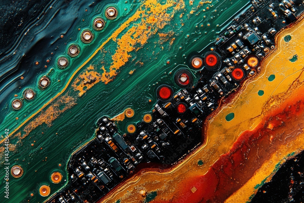 Poster abstract close-up of a circuit board, showcasing vibrant colors and intricate details.
