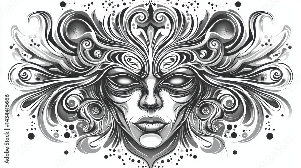 Poster intricate black and white abstract design featuring a serene face surrounded by flowing patterns and