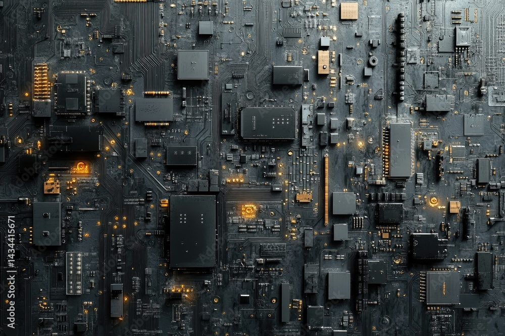 Poster A detailed close-up of a complex dark-colored circuit board, showcasing intricate components and circuitry.