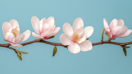 Obraz premium Magnolia blooms on a branch against a blue backdrop