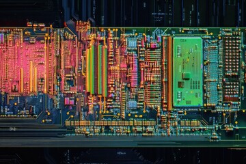 Microscopic view of a circuit board, showcasing intricate electronic components and pathways.