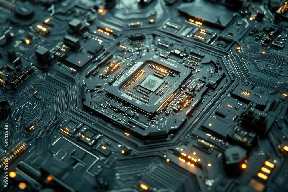 Poster Close-up view of a complex circuit board showcasing intricate technological details and a central processor.