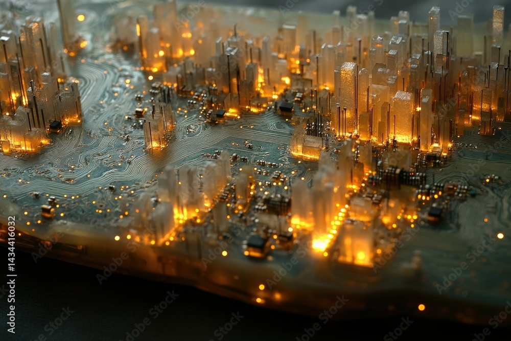 Fototapete a miniature cityscape built on a circuit board, illuminated from within, representing the fusion of 