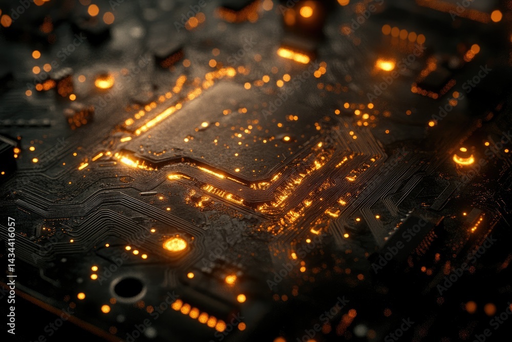 Poster Glowing circuit board showcasing intricate pathways and illuminated components, representing technological advancement.