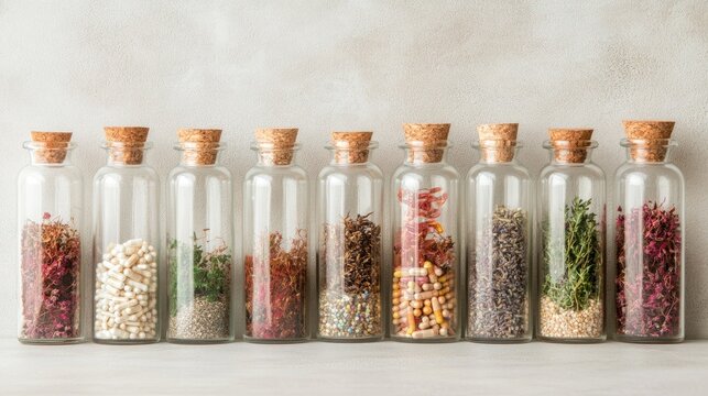 Assortment of colorful dried herbs and spices in small glass bottles with cork stoppers.