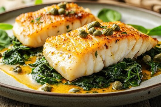 Saffron sauce cod with spinach and capers served on wood