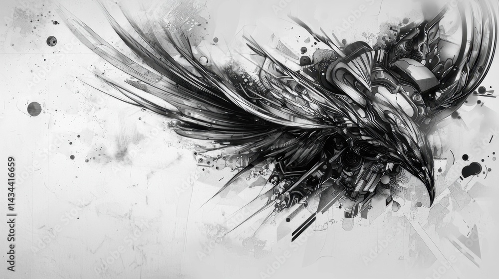 Poster dynamic abstract artwork depicting a bird in flight with intricate details and bold contrasts on a l