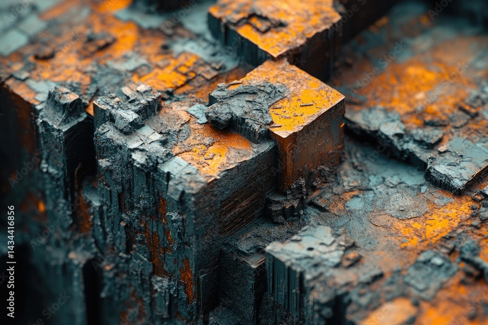 Poster close-up of a mineral crystal structure with teal and orange hues, showcasing intricate details and 