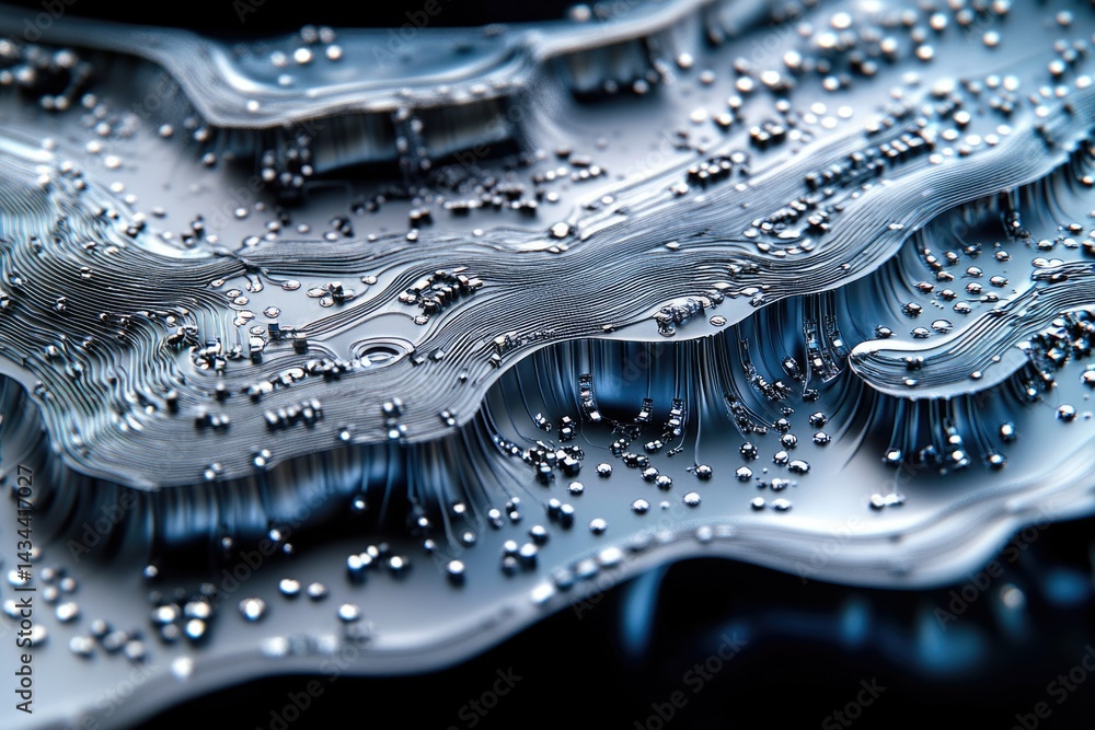 Poster Abstract close-up of a circuit board, resembling a metallic landscape with intricate pathways and components.