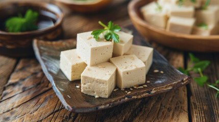 pieces of white tofu on cutting board, closeup