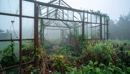 Overgrown abandoned greenhouse filled with morning fog