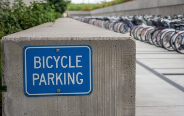 A blue bicycle parking sign with numerous bicycles parked in the background