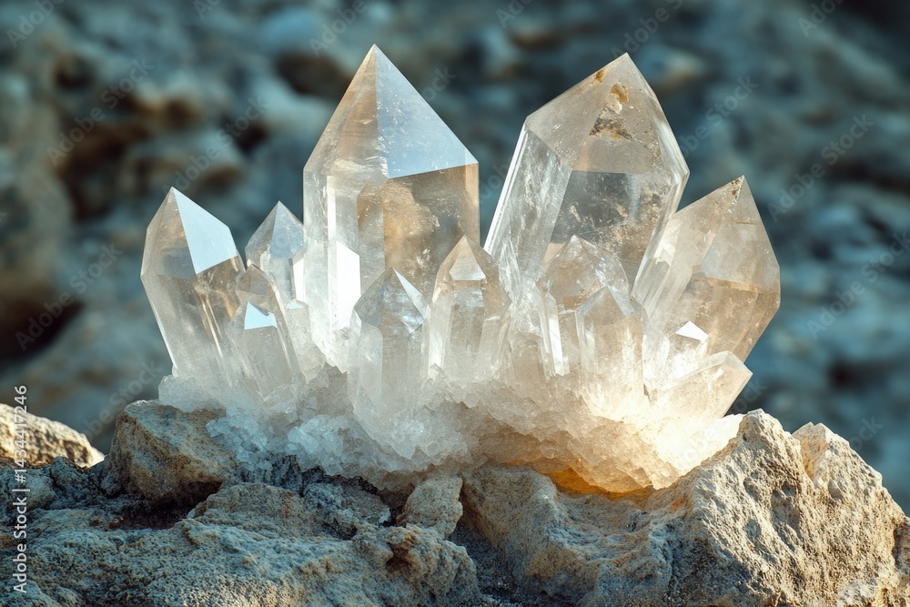 Aufkleber a cluster of sparkling quartz crystals emerges from a rough rock, illuminated by sunlight.