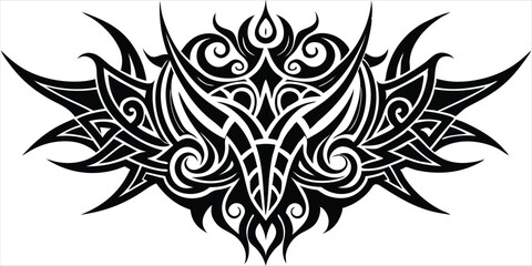 Symmetrical Tribal Tattoo Design with Swirling Patterns and Geometric Shapes